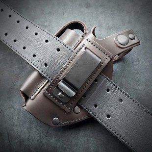Поясная кобура для ПМ на скобе из кожи, коричневая Pellame-62 фото